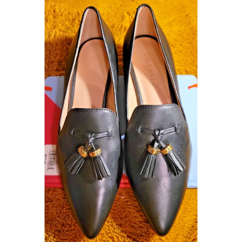 NEW Cole Haan Women’s Vanya Tassel Flats Black Leather Loafers Sz 5 Block Heel